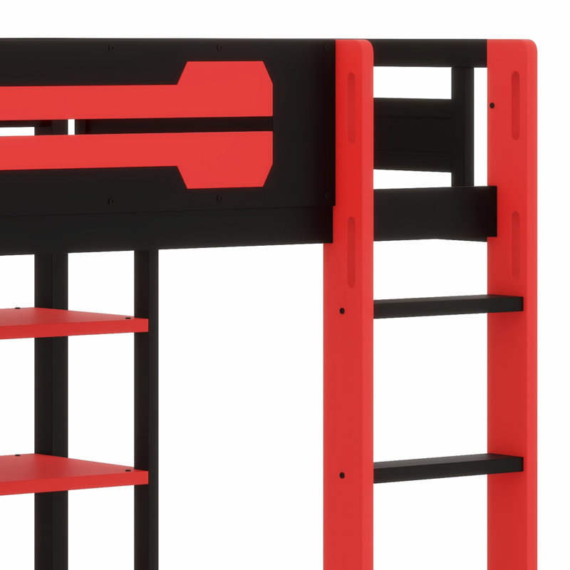 Lit mezzanine peu encombrant avec bureau, tablettes, prise de courant et lumière RVB, Noir et rouge