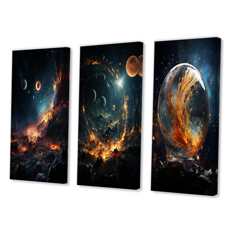«Galaxies Planets», 3 pièces sur toile, Toile tendue, H 20 po x l 36 po