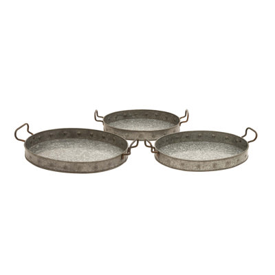 Costin Metal Galvanized Oval Decor Gray Tray with Rust Handles Set