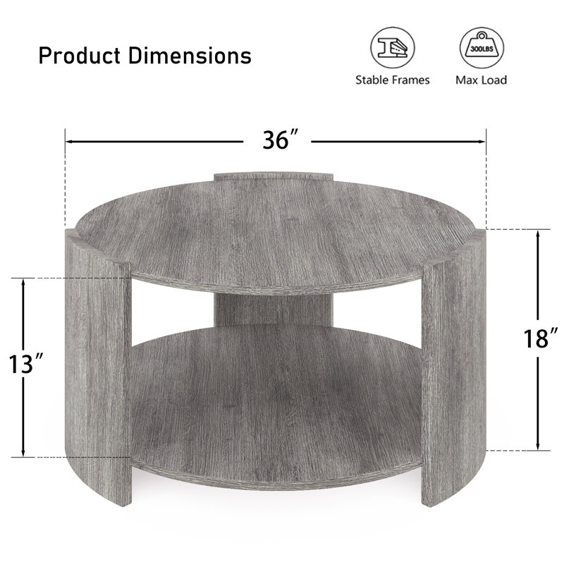 Gray Round Wooden Coffee Table with 2-Tier Storage Shelf