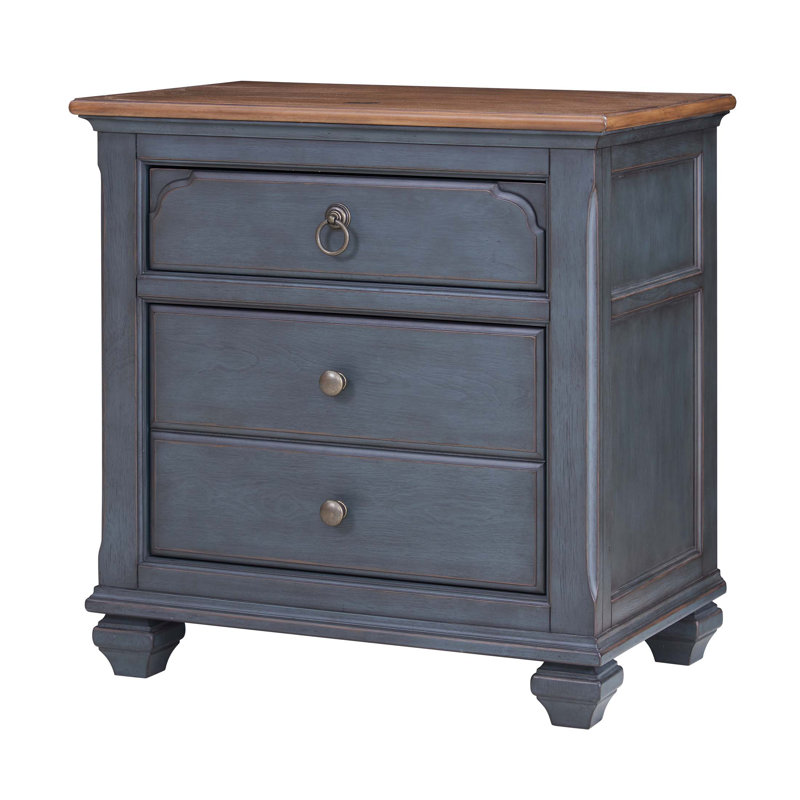 Table de chevet Americana avec finition velours côtelé, aucun assemblage requis, trois tiroirs pour un grand rangement