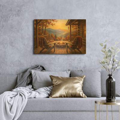 «Golden Sunset Firepit Mountain Valley View» par Veve, art mural en métal doré, 16 po x 12 po
