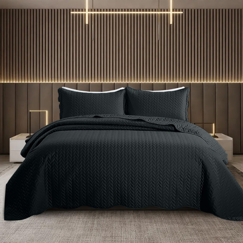 Ensemble de courtepointe en relief doux, Gris anthracite, Couvre-lit très grand + 2 taies d'oreiller standa