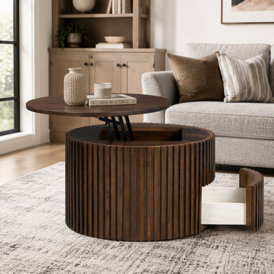 Table basse ronde à plateau relevable, table d'appoint moderne en bois cannelé avec rangement caché pour le salon