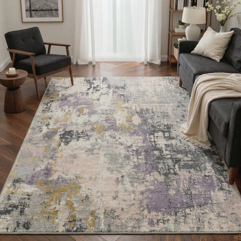 Art Abstract Painterly Strokes Machine Washable Misty Lavender Indoor Area Rug With Non-Slip Backing, Rectangle 5' x 7'