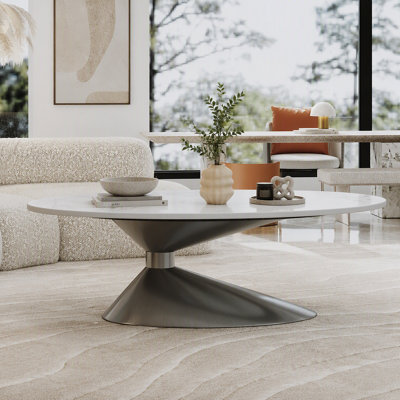 Table basse ovale en faux marbre 49,2 po, base contemporaine en acier inoxydable, table centrale moderne pour le salon