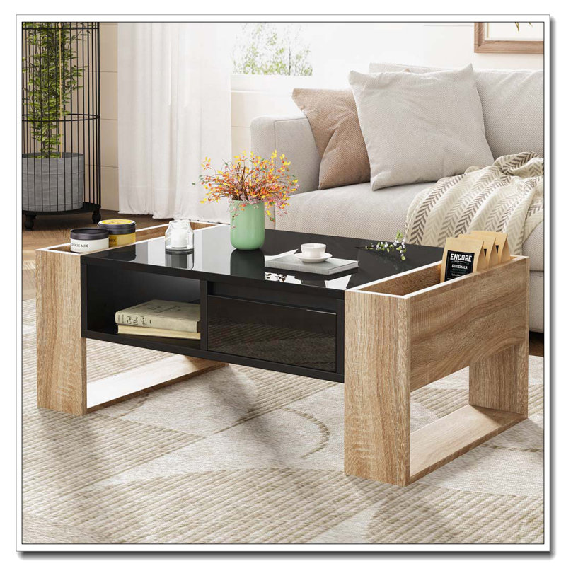 Table basse haute brillance avec 2 tiroirs, Noir