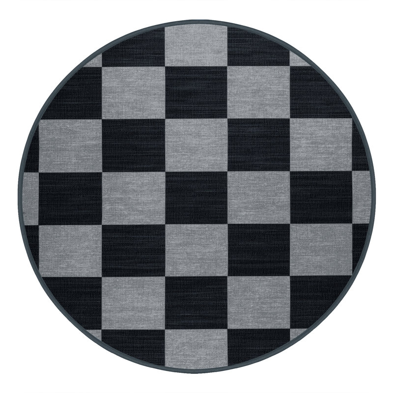 Tapis gris à carreaux lavable à la machine, Rond 3 pi