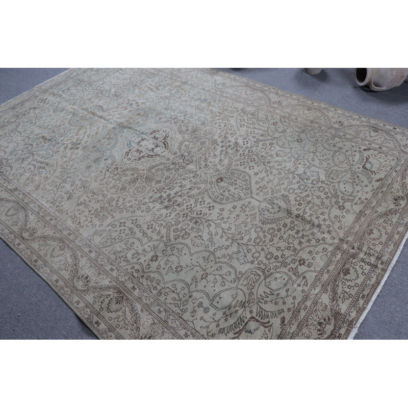 Grand tapis turc Oushak rétro vert avec un motif floral surdimensionné en laine, idéal pour rehausser le décor du salon
