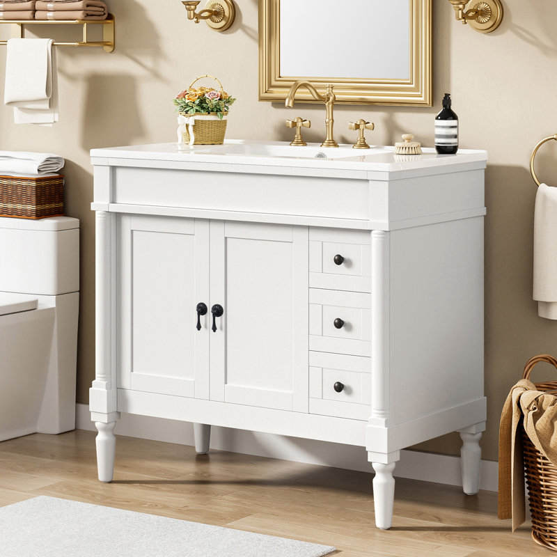 Meuble-lavabo simple 36 po avec plateau en céramique, 2 portes à fermeture douce et 3 tiroirs, Blanc, 36"