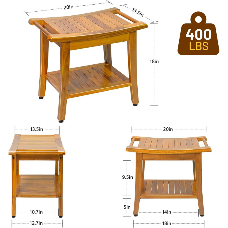 20" Premium Teak Shower Bench with Shelf & Handle, Solid Teak Shower Stool