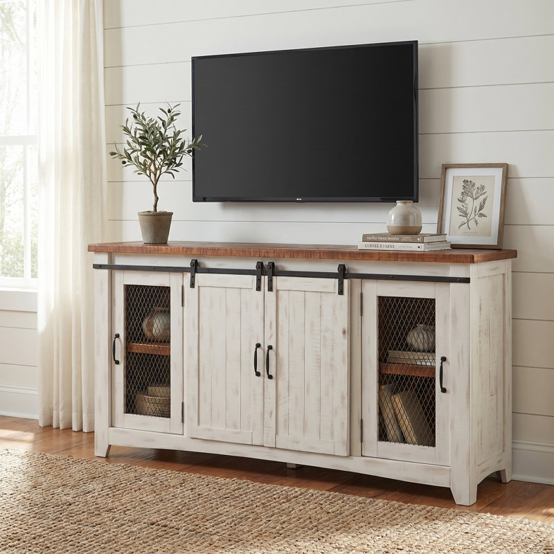 Meuble télé en bois massif Kinsella, Blanc antique / miel