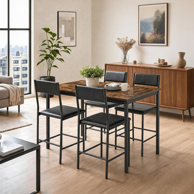 5 Piece Dining Table Set, Gray Marble Print Rectangular Table with 4 Black PU Padded Chairs, Modern Metal Frame Compact Dinette Furniture for Small Ap