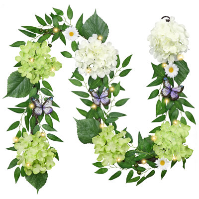  Guirlande Summerhydrangea artificielle pour manteau de cheminée avec lumières et minuterie  