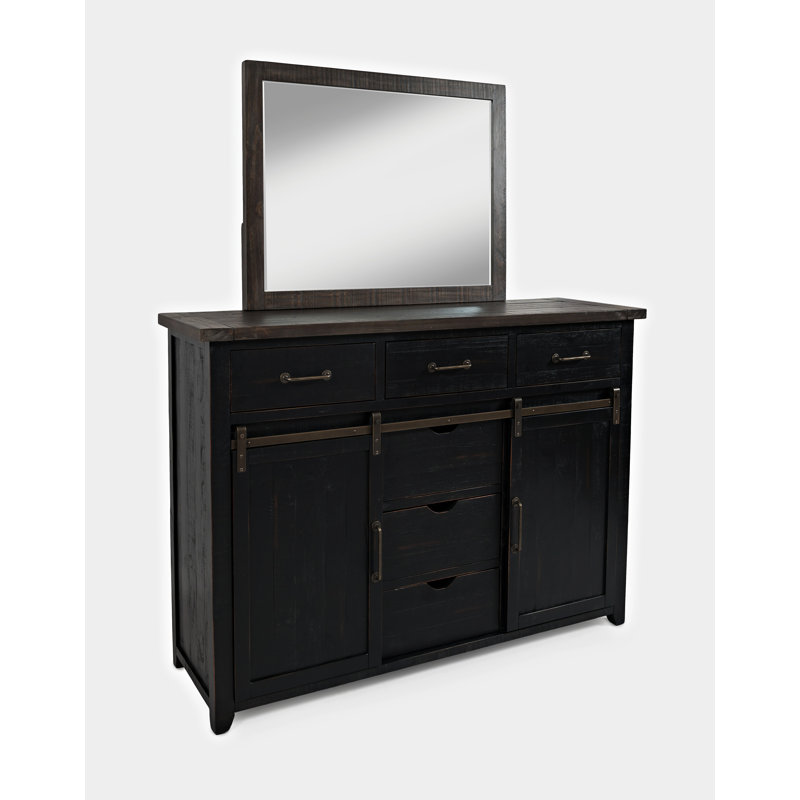 Commode combinée 6 tiroirs en bois massif avec miroir Fairford, Noir