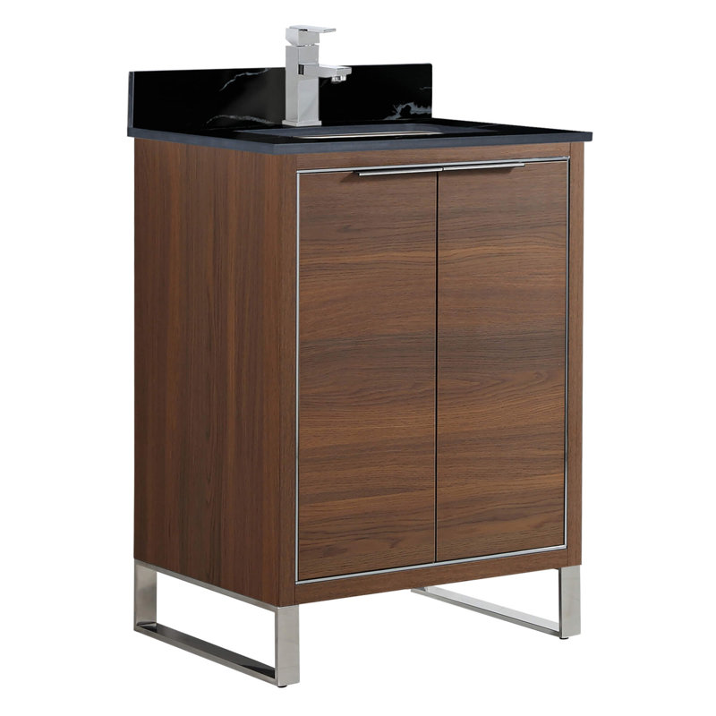 24'' Single Bathroom Vanity with Stone Top, Chrome, Walnut Ebony