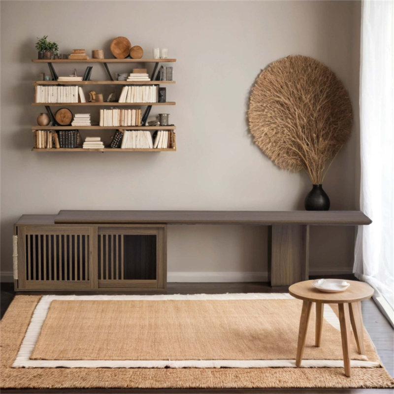 Meuble télé Mid-Century moderne en noyer avec table extensible, coussin moelleux, porte coulissante et conception accueillante pour les chats