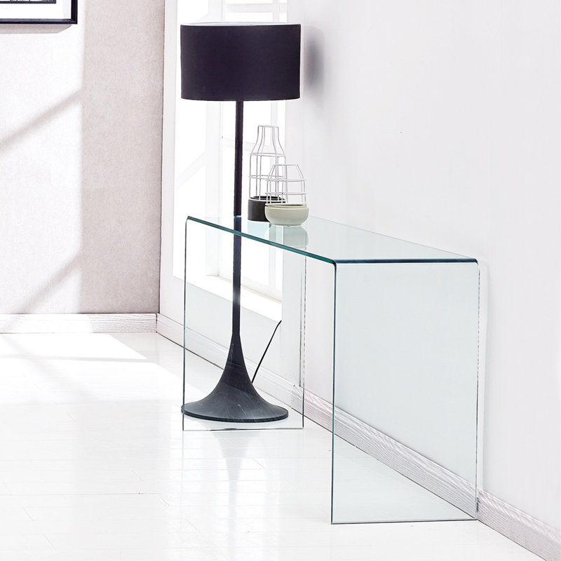 Console en verre, console en verre trempé transparent avec bureaux à bords arrondis, table de canapé