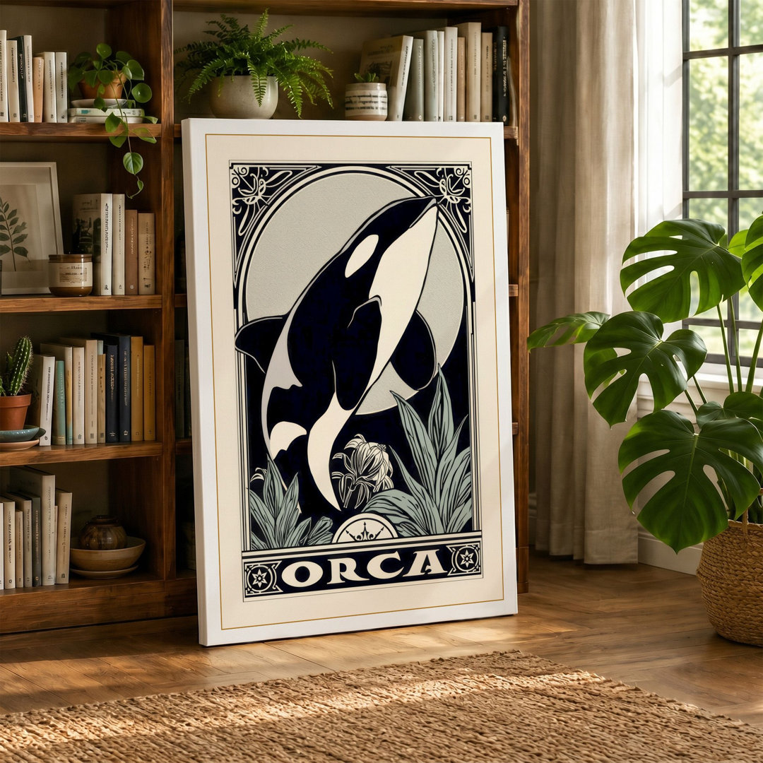 Leaping Orca Moon Art Deco - Wrapped Canvas