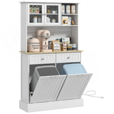 Armoire de rangement pour garde-manger 68 po avec station de charge, 2 armoires à ordures inclinables et support pour micro-ondes, huche de cuisine autoportante avec portes en verre et tablette réglable