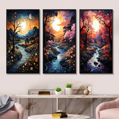 Coucher de soleil fantaisiste sur les berges - Lake River, ensemble de 3 reproductions d'art sur toile