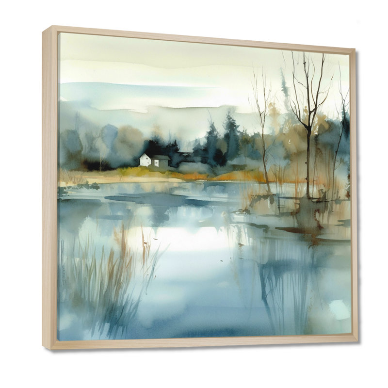 Summer Lake Landscape Illustration V - Lake, art mural, H 24 po x l 24 po x P 1 po, Cadre flottant érable
