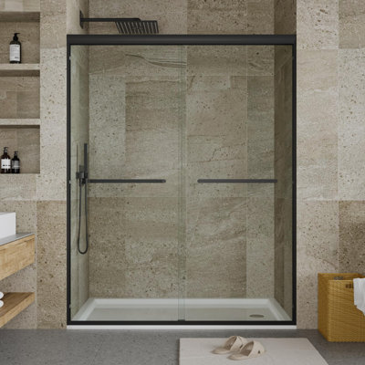 Porte de douche coulissante semi-encadrée 112-122 cm L x 183 cm H, avec poignée et porte-serviettes, réversible, en verre trempé de 8 mm et film anti-explosion, noir mat