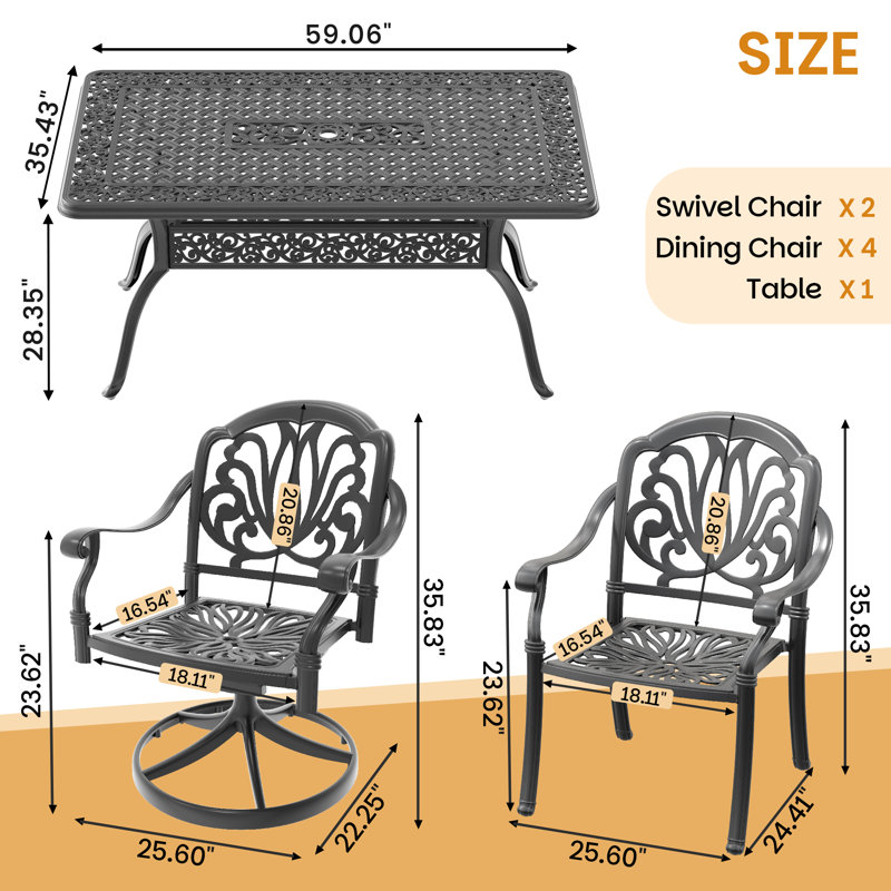 Ensemble repas pour 6 personnes rectangulaire en fonte d'aluminium avec 2 chaises pivotantes, coussins et trou pour parasol
