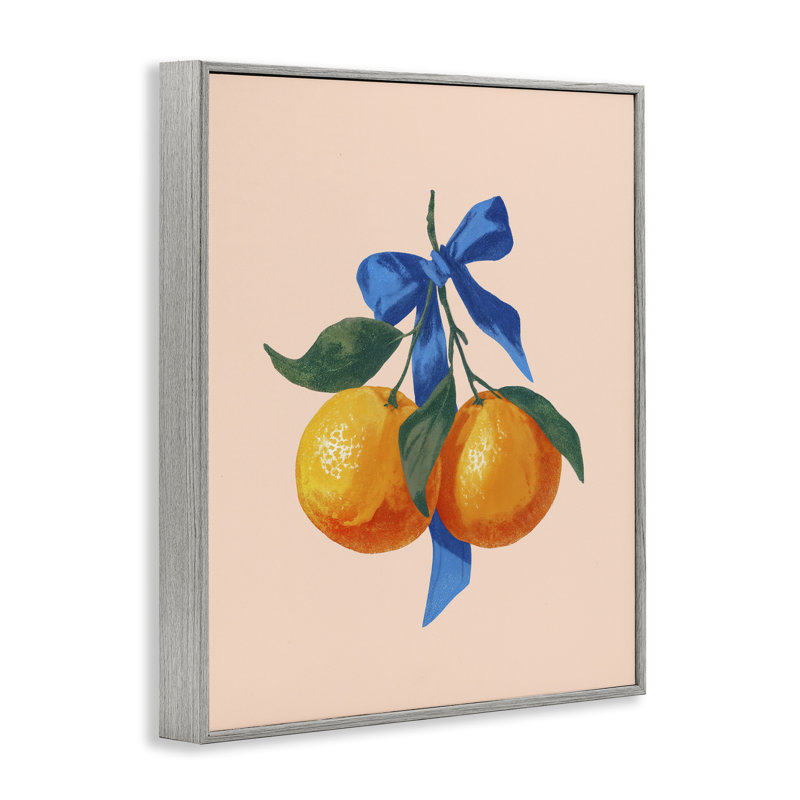 Deux oranges avec un arc bleu, estampe numérique, imaginée par Imagine It Images, Giclée de ferme grise encadrée