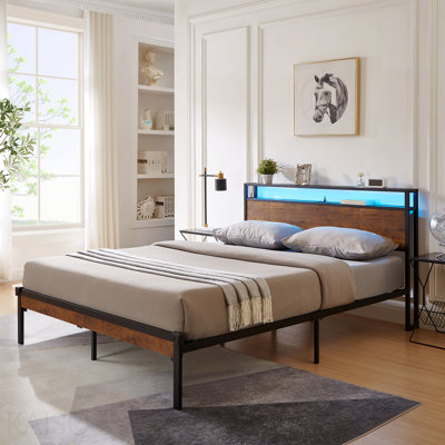 Full Size Metal Platform Bed Frame With Wooden Headboard And Footboard With Usb Liner, Led Lights, No Box Spring Needed, Large Under Bed Storage, Easy Assemble