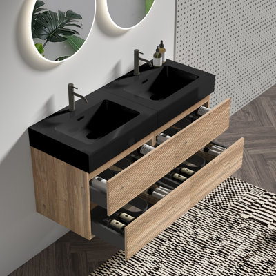 Meuble-lavabo de 48 pouces avec lavabo noir et tiroirs en chêne brut, fixation murale de style Mid-Century moderne, laque double de grade E0, système, panneaux de style E1, drainage en U, finition laquée
