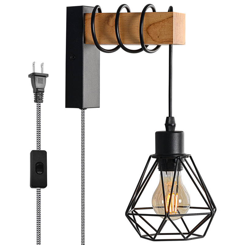 Modern Plug in Wood Cage Black Wall Pendant Lamp Industrial Rustic Retro Adjustable Light Fixture