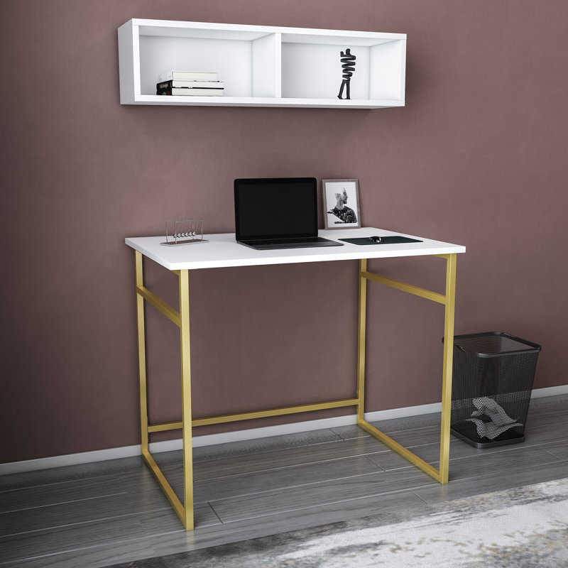 Hussum Metal Base Writing Desk, White/Gold