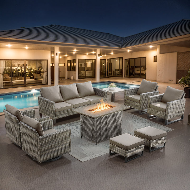 Ingvald 9- Pieces Outdoor Wicker Patio Sofa Seating Group with Fire Pit, Ottomans and Cushions, Gray, Gray
