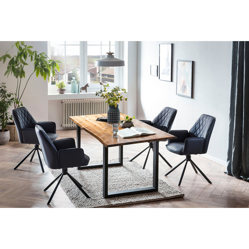 4 - Person Dining Set, 75cm H x 160cm W x 85cm D, Natural/Dark blue/Black, Black/Natural/Dark blue