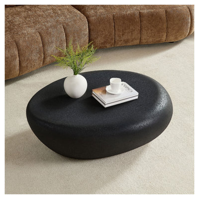 Table basse elliptique de 43,3 po en fibre de verre noire - Design rétro matte, centre de table irrégulier pour le salon, aucun assemblage requis