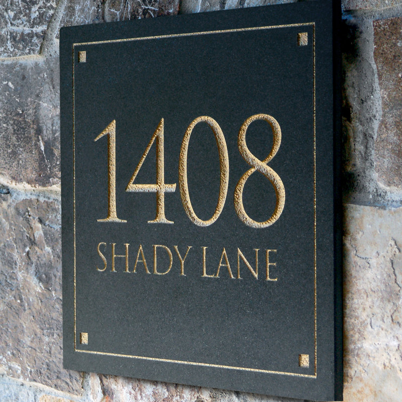 Black Granite Square Trajan Engraved 2-Line Address Sign, Yes, Gold