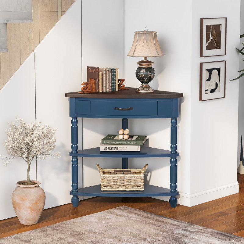 33.8'' Small Triangle Corner Table, Wood Corner Side Table For Small Spaces/ Living Room, 3 Tier End Corner Table With Solid Wood Legs, Navy Blue And Espresso Top