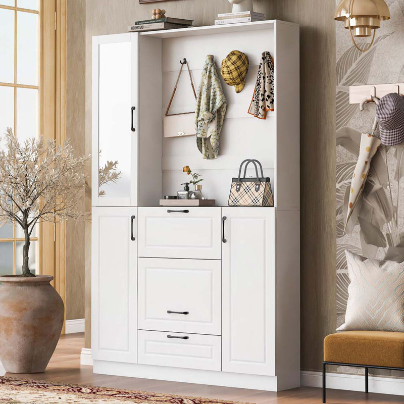 Banc de 51,1 po avec armoire à chaussures intégrée, porte d'entrée 3 en 1 et miroir, arbre d'entrée avec 4 crochets robustes et siège pliable pour l'entrée
