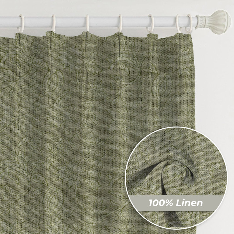 Fabdivine Green Thick Linen Office and Room Pinch Pleated Curtains or Drapes, Summer and Spring 100% Blackout Room Darkening Elegant Farmhouse, Patio 27x45 Inches Hand Block Print, Manikarnika