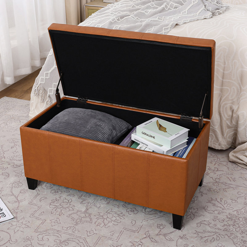 33.6" Faux Leather Storage Ottoman With Wooden Legs