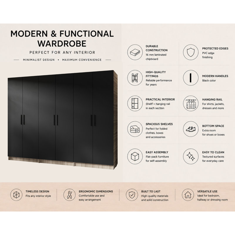 Nisean 6 Door Wardrobe, Sonoma/Black