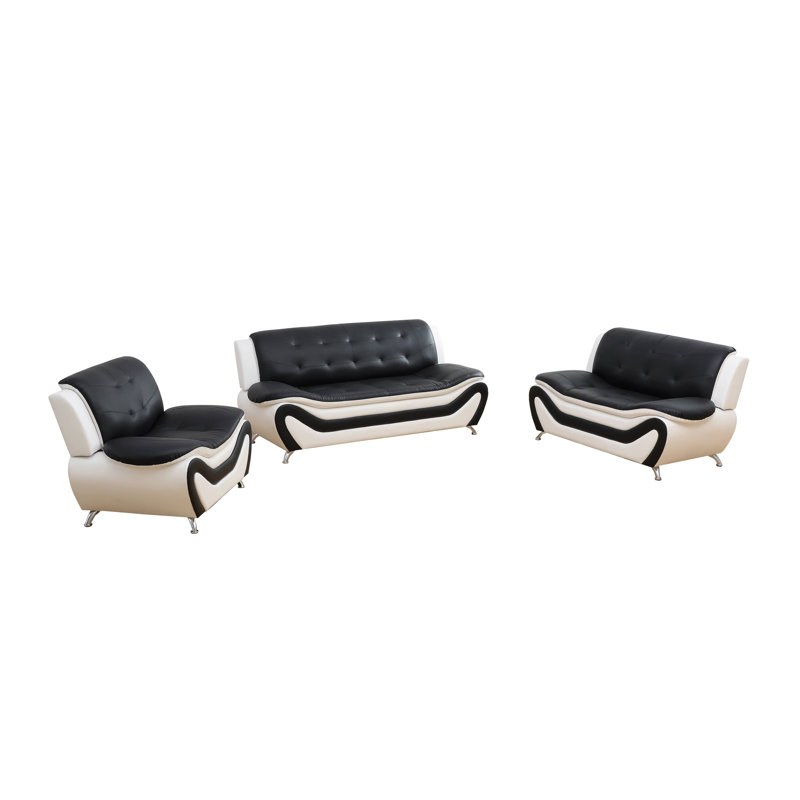 Hozie 3 - Piece Faux Leather Living Room Set, Black/White Faux Leather