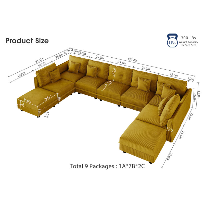 9 Seat Corduroy Convertible Modular Sectional Sofa With Storage, 7 Back Cushion 7 Throw Pillow, Yellow Corduroy