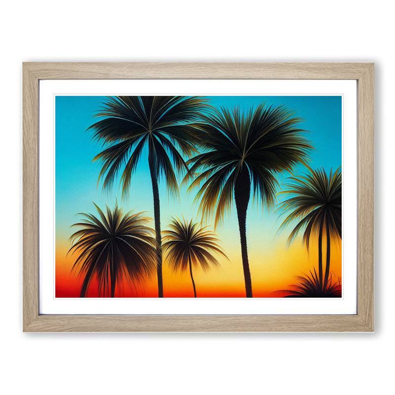 XH1022-6774X Palm Tree Sunset Vol.4 1 Piece Single Picture Frame Wall Art, 46cm H x 64cm W x 2cm D, Oak