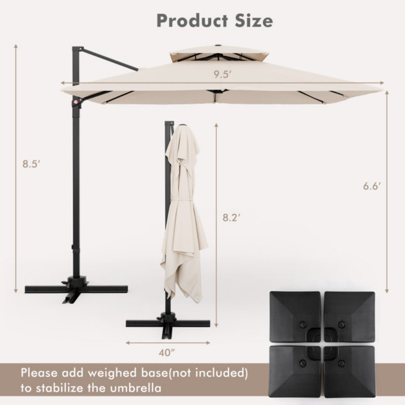 Parasol en porte-à-faux 9,5 pi avec pivotement sur 360 ° et double plateau, Beige