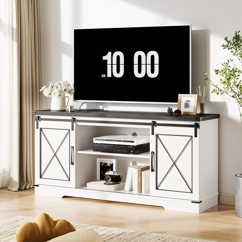 59" Farmhouse TV Stand for 65 Inch TVs, Sliding Barn Doors, Storage Cabinets & Adjustable Shelf, White & Black