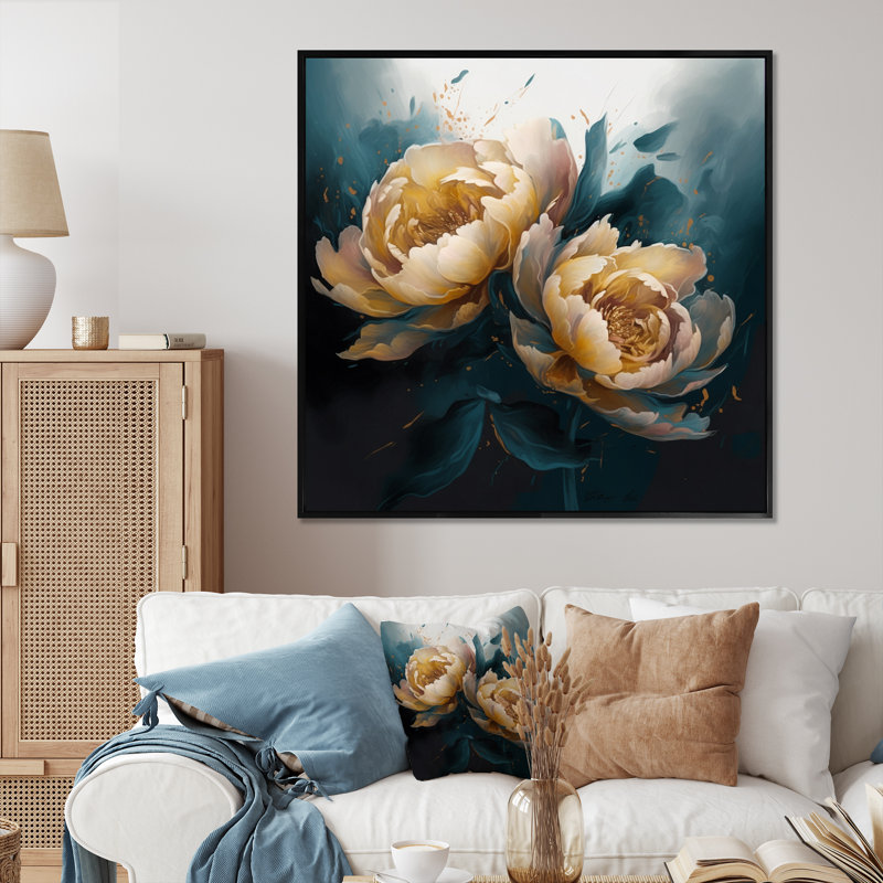 Art pivoines jaunes et bleues II - impression, Cadre photo noir, H 16 po x l 16 po x P 1 po