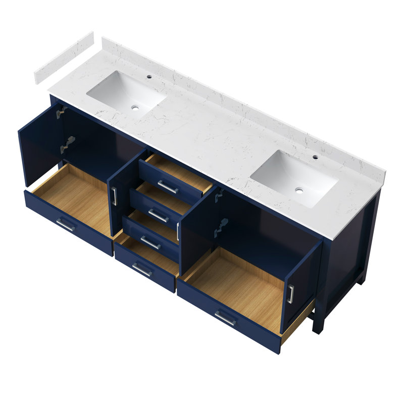 Meuble-lavabo double Felix 84'' entièrement assemblé avec comptoir et dosseret en marbre reconstitué, Bleu, 84"