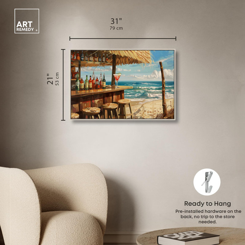 "Drinks at the Beach" Glam Coastal Art par , H 21 po x l 31 po, Cadre flottant argent